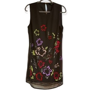 New Desigual Black Floral Sequin Sleeveless Dress Woman's Size 12